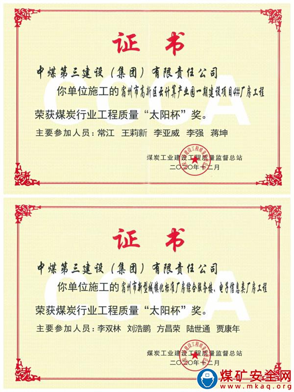 中煤三建建安公司兩項目榮獲煤炭行業“太陽杯”獎和優質工程獎